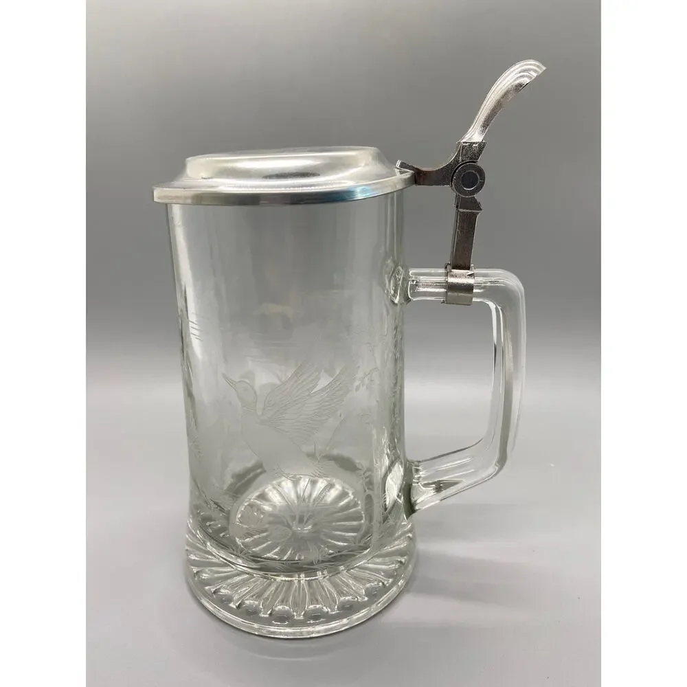 Glass Etched Duck and Pond Scene Metal Lid Stein